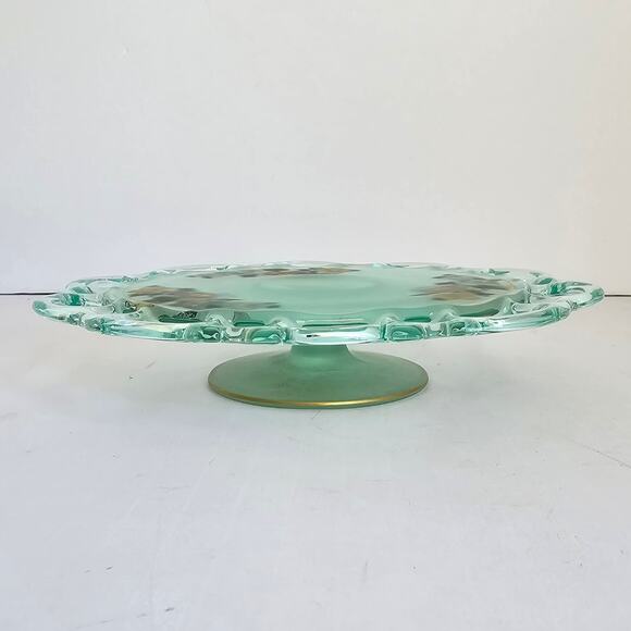Lancaster Glass Footed Plate Green Satin Glass Open Lace Reverse Painted Floral - Picture 2 of 12